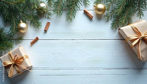 christmas tree with gifts, Top-down flat lay of Christmas decorations pine branches, ornaments, cinnamon sticks, wrapped gifts, and golden ribbons on a white wooden background, minimalist aesthetic, 