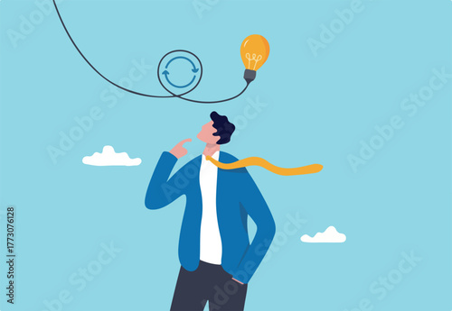 Rethink or think again to make change for better result, thinking new way to solve problem or make decisions, innovation idea to disruption concept, smart businessman rethink with lightbulb idea.