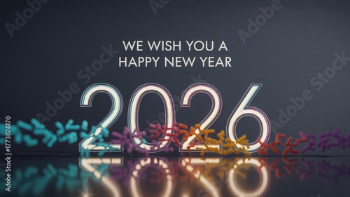 Bright glowing 'Happy New Year 2026' text with colorful abstract elements reflecting on a dark, polished surface.