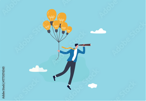Business ideas, creativity or innovation to searching for new success, finding solution or imagination, visionary or new opportunity concept, businessman flying with lightbulb balloons and telescope. 