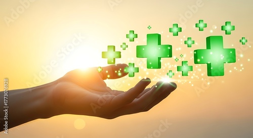 Hand holding glowing green plus signs representing health and wellbeing against a sunset background