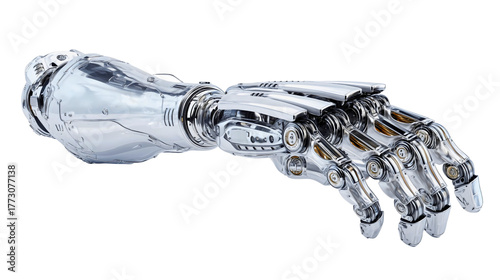 A realistic 3d render of a bionic arm, a futuristic robotic hand in silver and gold, an advanced prosthetic limb, a concept of sci-fi, technology and artificial intelligence, isolated on white.