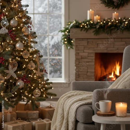 Cozy living room ready for Christmas with a lit tree, gifts, and fireplace. An armchair with a blanket invites relaxation next to the snow outside.