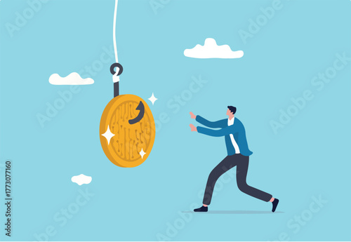 Crypto scams or fraud, liar create ICO initial coin offering to baiting greed investors or trader concept, greedy businessman running to grab bating cryptocurrency coin scam.