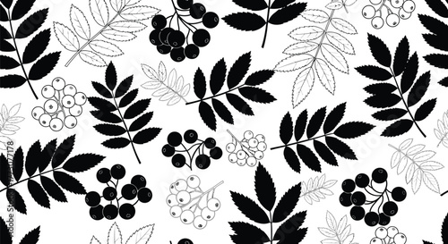 A seamless black and white pattern of rowan tree leaves and berries creates a natural, graphic design.