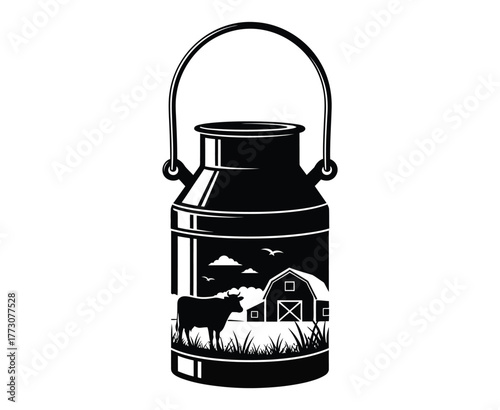 A classic metal milk jug silhouette displays a rural farm scene with a cow and barn.