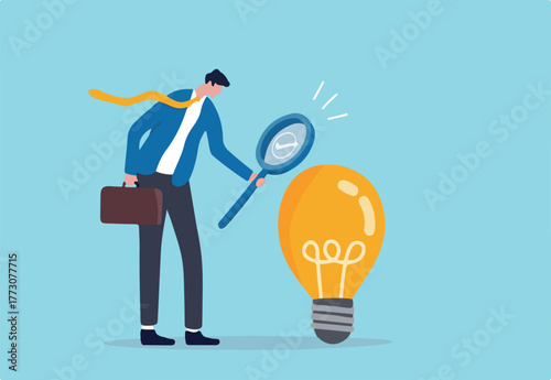 Validate startup idea that have potential to implement and success in real life, analyze and choose best business idea concept, smart businessman verify or validate light bulb idea and make approval