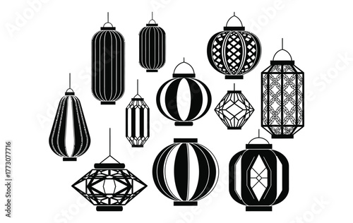 A collection of diverse decorative lanterns, showcasing intricate designs and various shapes, are displayed against a plain white background.