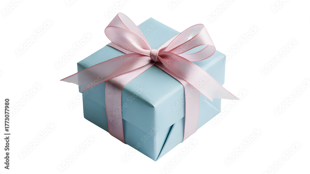 Fototapeta premium A light blue gift box tied with a delicate pink ribbon and a bow isolated on transparent background