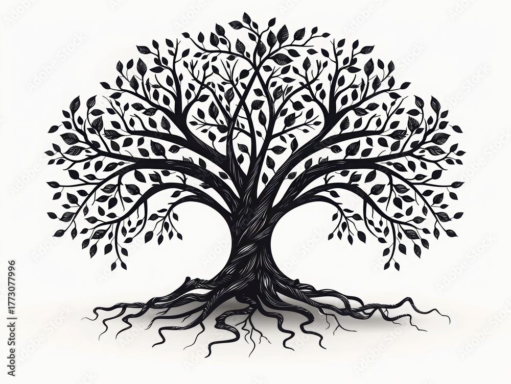 Fototapeta premium Black and white artistic illustration of a tree with intricate branches and roots.