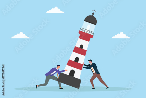 Vector illustration of two businessmen trying to stabilize a leaning lighthouse, symbolizing teamwork, collaboration, support, and overcoming challenges together
