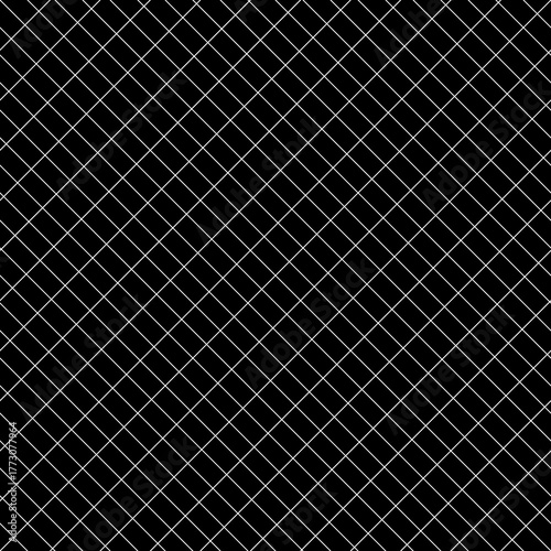 White diagonal stripes grill on black background. Seamless pattern with black mini blocks ornament on white back. Grid motif. Crossed lines wallpaper. Checkered image. Digital paper for print. Vector.