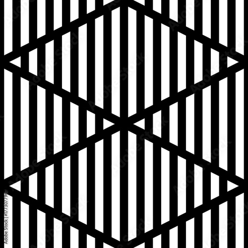 Strokes wallpaper. Seamless surface pattern design with linear ornament. Broken lines motif. Black zigzag lines on striped background. Digital paper with dashed stripes for textile print. Vector art.