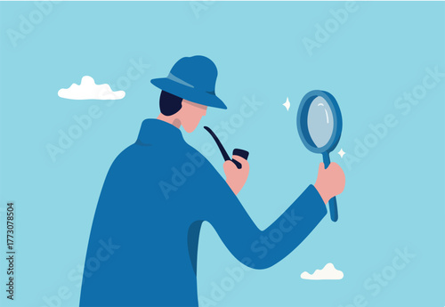 Observation or inspection to find out and discovery useful information, detective or investigate and analyze data concept, smart detective looking through magnifying glass to search for evidence.