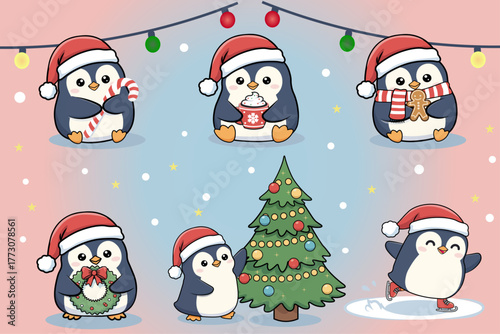Cozy Christmas penguins in festive Santa hats. Funny cartoon animals with gifts, cup of cocoa, Christmas tree and winter decor.