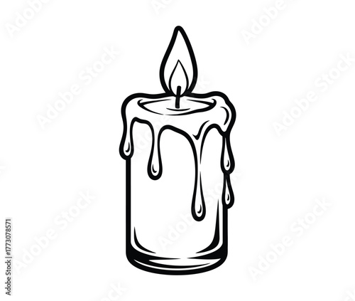 A lit candle with dripping wax and a flickering flame is depicted in a black and white line drawing.