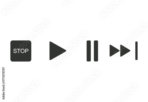 A set of multimedia playback control icons including stop, play, pause, and fast forward buttons.