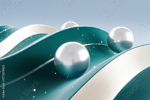 Abstract 3D composition with silver and white spheres on teal waves, representing balance, elegance, and futuristic design aesthetics.