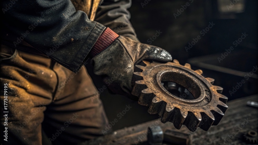 Fototapeta premium Industrial worker holding worn gear workshop photography grimy environment close-up manual labor concept