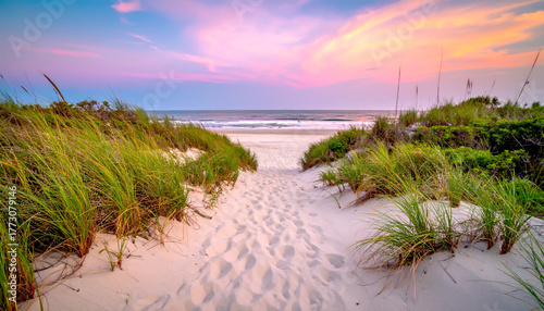 Weg zum Strand, Sonnenunter...