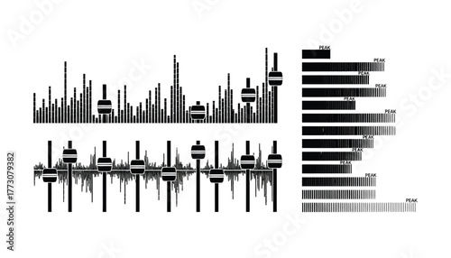 Abstract visualization of audio waveforms and sound equalizer settings against a white background.