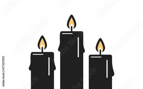Three tall black candles with flickering flames stand against a white background, symbolizing remembrance.