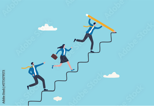 
Leader to guide team to achieve success, manager to develop career path or improvement plan, growth or progress concept, businessman leader draw stair with pencil to l