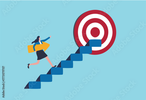 Business progress or career path, step to reach target or business goal, success step or motivation for improvement concept, confidence businesswoman carrying arrow walk up stair to reach target.