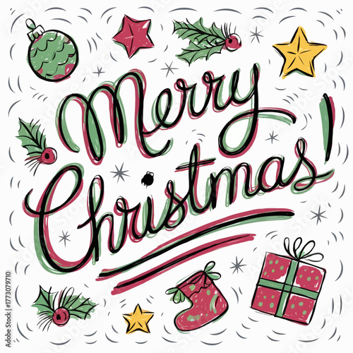 Merry christmas hand drawn lettering with festive ornaments isolated on white background
