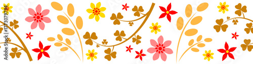 Seamless ornament with flowers and leaves on a white background.