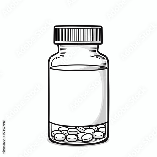 Prescription medication bottle with white label and pills inside  