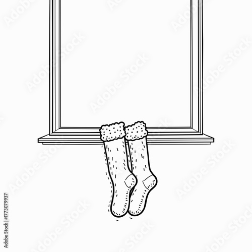 Cozy socks hanging from window sill in minimalist black and white style  