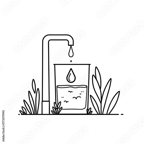 Water tap dripping into glass on a background of plants  