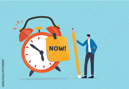 Stop procrastination, do it now or decision to finish work or appointment in time concept, confidence businessman holding pencil after he wrote the word Now on note and stick it on ringing alarm clock