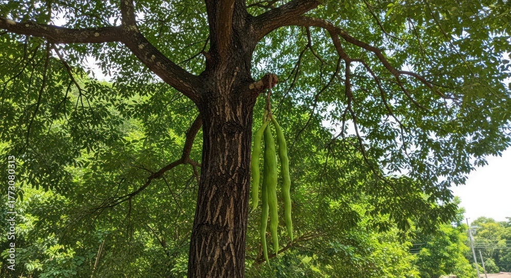 Naklejka premium Lush Green Tree with Hanging Pods, Sunlight Through Leaves, Nature's Beauty
