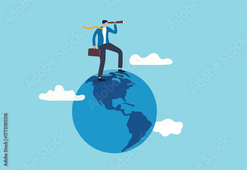 Globalization, global business vision, world economics or business opportunity concept, smart businessman standing on globe, planet earth using telescope to see vision or future opportunity.
