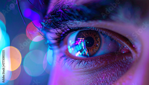 A Glimpse into the Soul: Captivating image of the human eye, bathed in a captivating display of colorful light bokeh, inviting viewers to delve into the depths of perception and inner beauty.