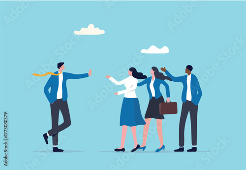 Assertive communication for leadership, behavior to compromise to solve problem without aggressive or passive acceptance concept, businessman leader with calmness stop gesture to manage employees.