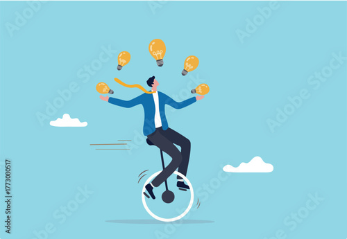 Creativity and ideas, innovation or skill to success in business, skillful businessman riding unicycle juggling lightbulb lamp metaphor of plenty ideas.