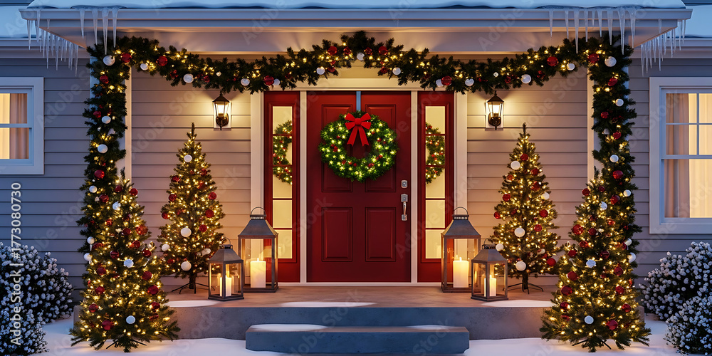 Fototapeta premium Festive Home Exterior Decorated for Holiday Season with Wreath Garlands and Illuminated Trees Enhancing Curb Appeal