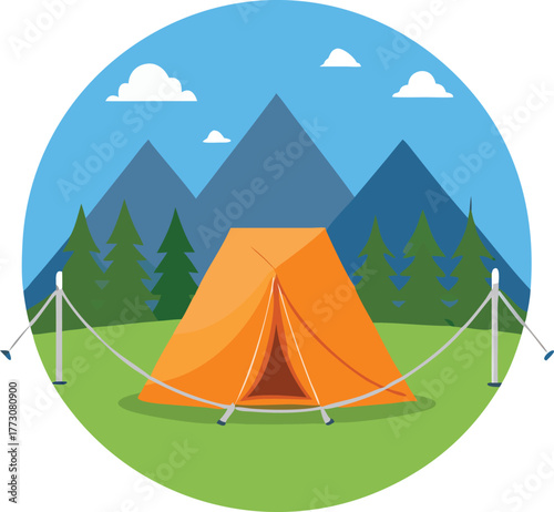 Vibrant orange tent set up for camping in a picturesque mountain landscape with green grass and pine trees under a clear blue sky with fluffy clouds