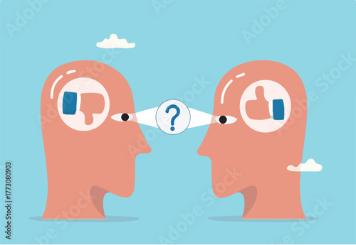 Perception process to interpret information, though or opinion depend on personality or perspective, difference bias or illusion concept, human head looking at object with difference perception. 