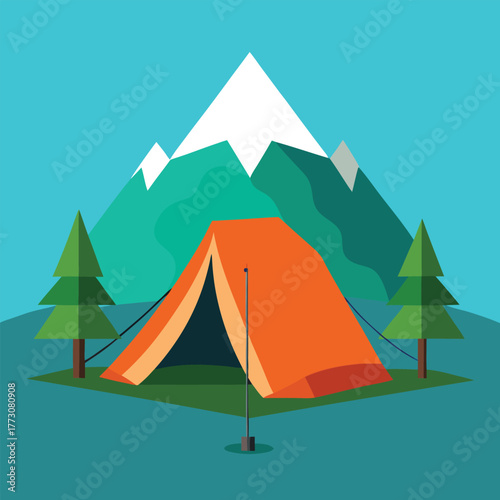 Vibrant flat illustration of an open orange camping tent pitched on green grass with pine trees and snow capped mountains in the background under a clear blue sky