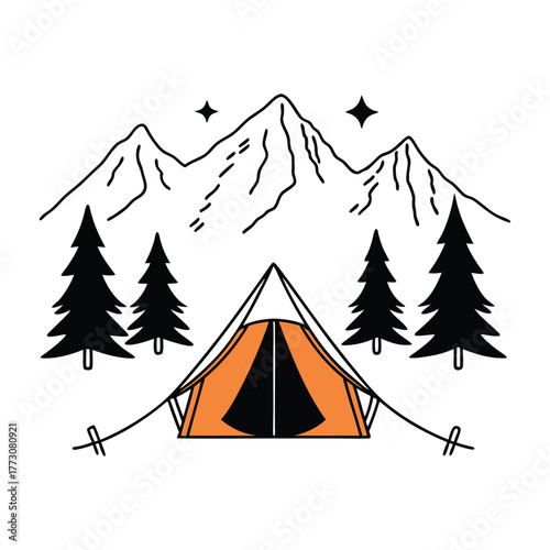 Hand drawn illustration of an orange camping tent set up at night with silhouetted pine trees and majestic snow capped mountains under a starry sky