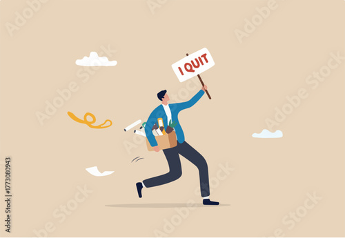 Quit full time job, resignation or end career, change job leaving company, employee termination, unemployment or burnout dissatisfaction exit layoff concept, businessman with stuff with quit job sign.