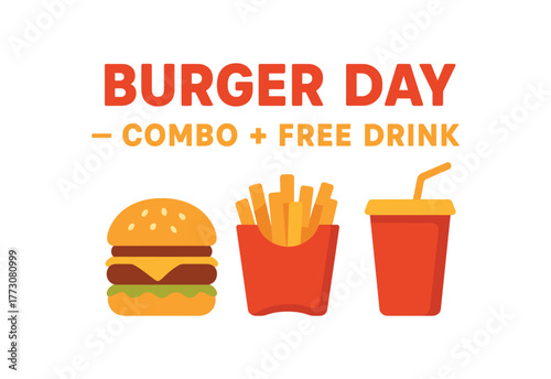 Flat vector banner design text DAY COMBO + FREE DRINK supporting icons of soda and fries red and tones