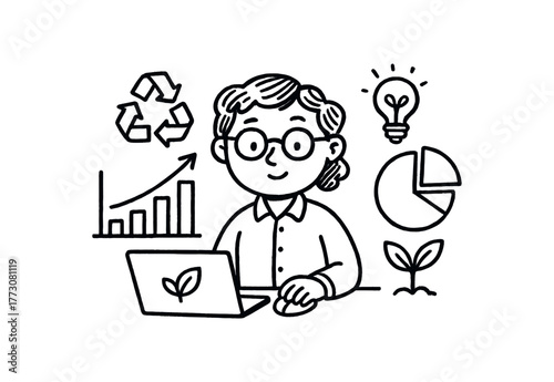 hand drawn cute doodle style sustainability data analyst vector line illustration line isolated on white background