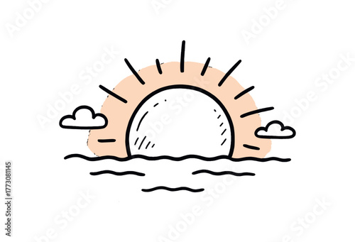 hand drawn cute doodle style peach horizon glow vector line illustration line isolated on white background