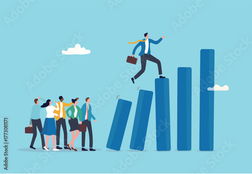 Taking initiative to win business competition, determination or entrepreneurship to overcome difficulty and success, courage or challenge concept, businessman taking initiative to climb growth graph.