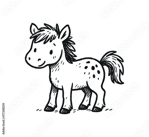 hand drawn cute doodle style wild pony foal vector line illustration line isolated on white background